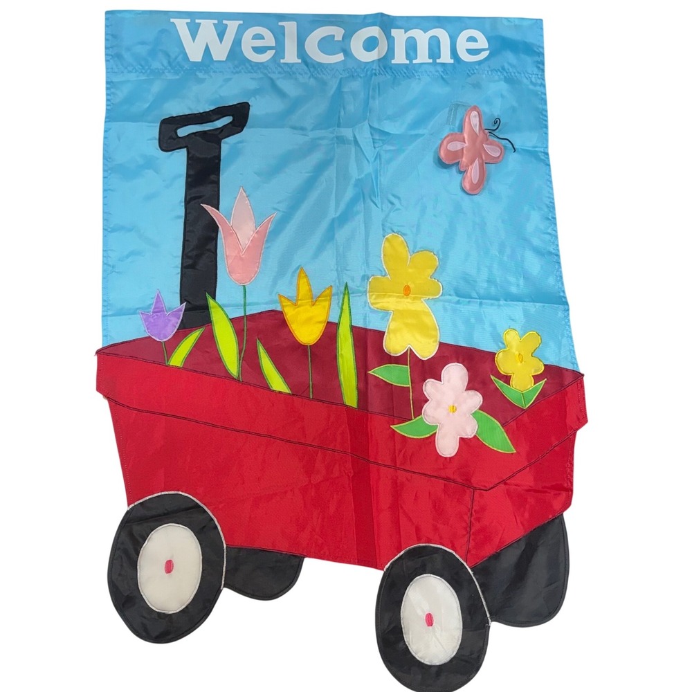 Garden Flag Large Blue Red Wagon Spring Floral Welcome 3D Butterfly